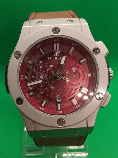 Hublot Luxury Men’s Wristwatch – Red Dial, Silver Case, Leather Strap | Hublot Style Chronograph