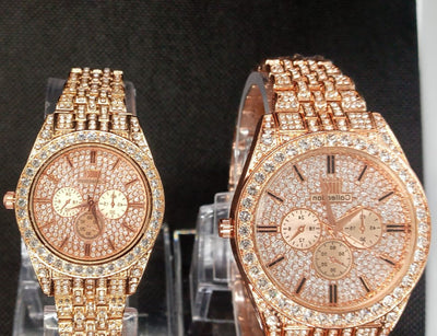 Luxury Couple Watches – Crystal Rose Gold His & Her Matching Set | Diamond Style Wristwatches