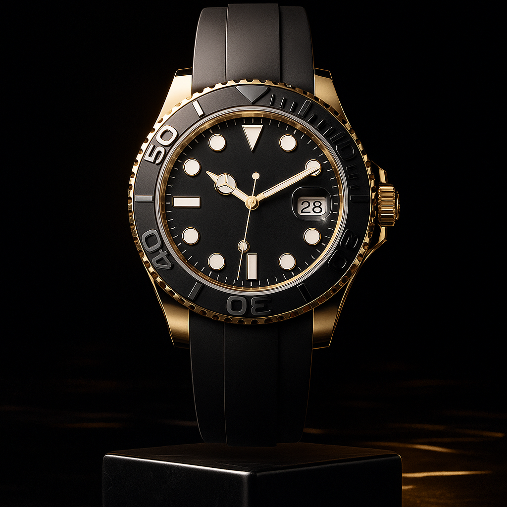 Yacht-Master 42 | Luxury Men’s Watch Inspired Design | Yellow Gold Case, Black Dial, Oysterflex Strap | Premium Replica 42mm