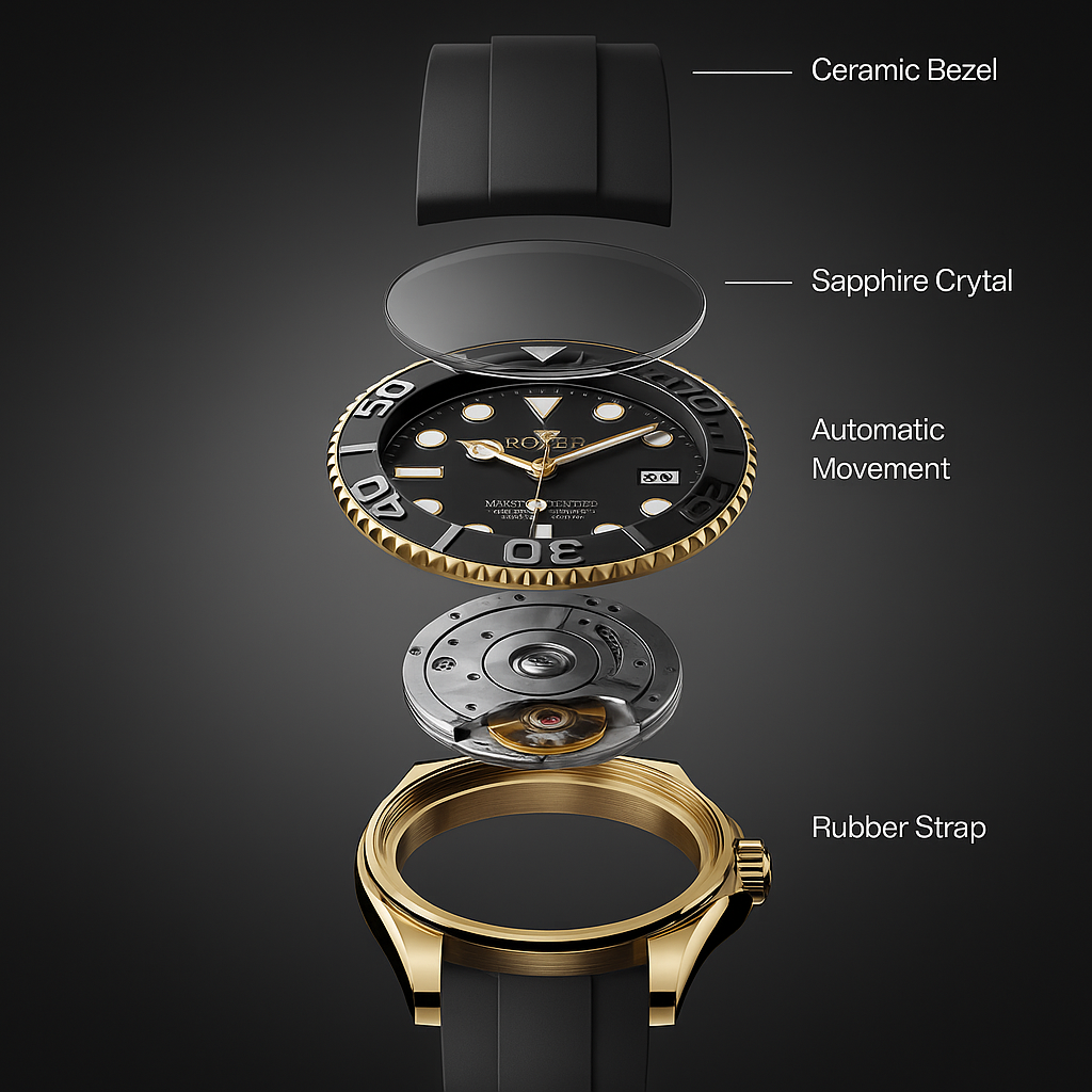 Yacht-Master 42 | Luxury Men’s Watch Inspired Design | Yellow Gold Case, Black Dial, Oysterflex Strap | Premium Replica 42mm