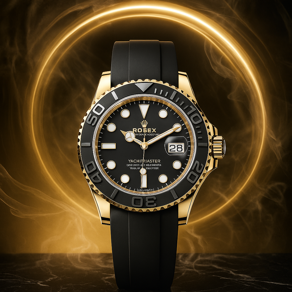 Yacht-Master 42 | Luxury Men’s Watch Inspired Design | Yellow Gold Case, Black Dial, Oysterflex Strap | Premium Replica 42mm