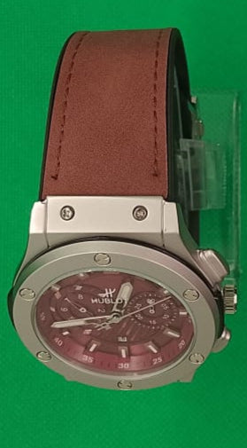 Hublot Luxury Men’s Wristwatch – Red Dial, Silver Case, Leather Strap | Hublot Style Chronograph