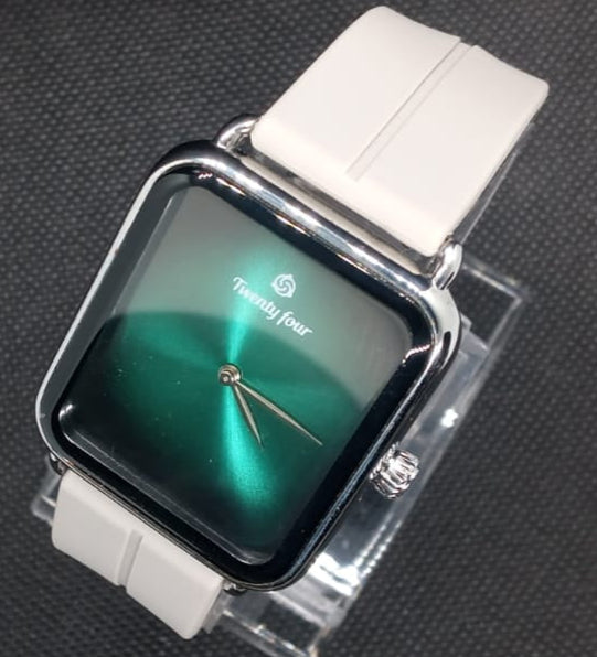 Trendy Square Wristwatch – Green Dial, Silver Case, Grey Strap | Stylish Unisex Watch