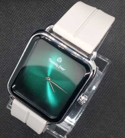 Trendy Square Wristwatch – Green Dial, Silver Case, Grey Strap | Stylish Unisex Watch