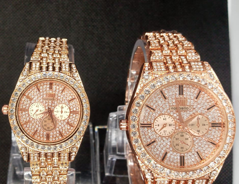 Luxury Couple Watches – Crystal Rose Gold His & Her Matching Set | Diamond Style Wristwatches